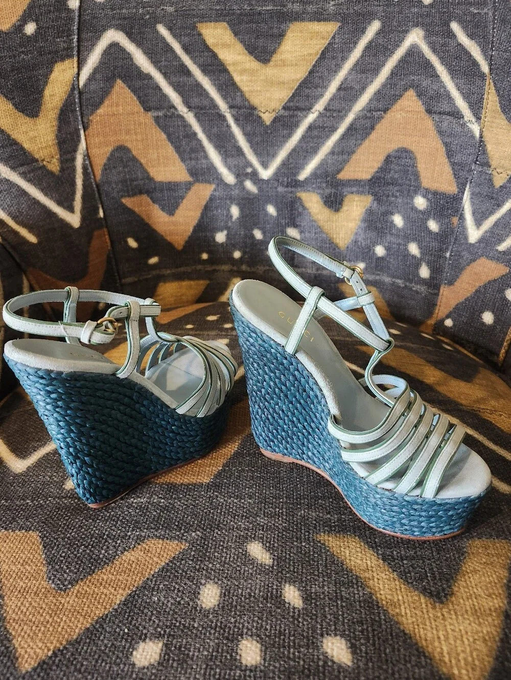 Sale​✨ GUCCI Rare Vtg Y2K Teal Raffia Espadrille Platform Wedges 34.5 Near Mint